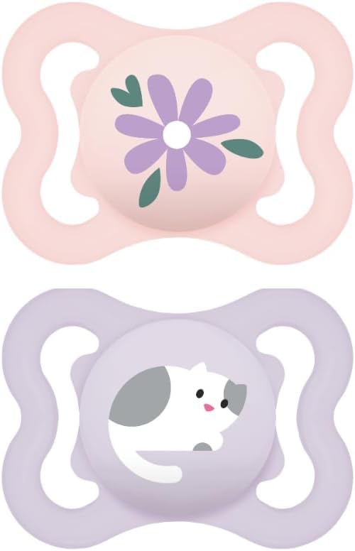 MAM Air Succhietto 2-6 Mesi (Set da 2), Ciuccio MAM 2-6 mesi per pelli sensibili e delicate, Kit da 2 accessori neonato con tettarella in silicone e porta ciuccio sterilizzatore, Rosa/Viola