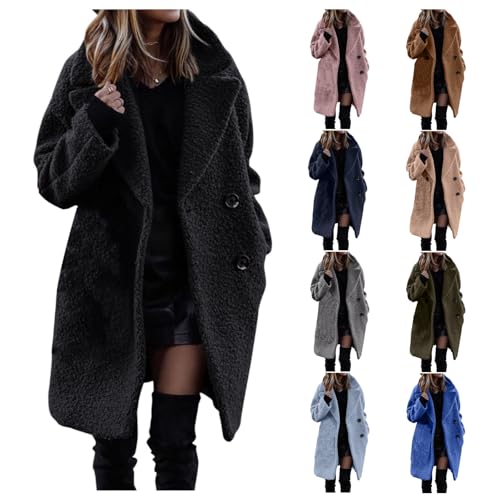 Image of Wankang Womens Fleece Jacket Faux Fur Coat for Women Long Winter Coats Fuzzy Sherpa Jacket Lapel Button Down Fall Outerwear Black