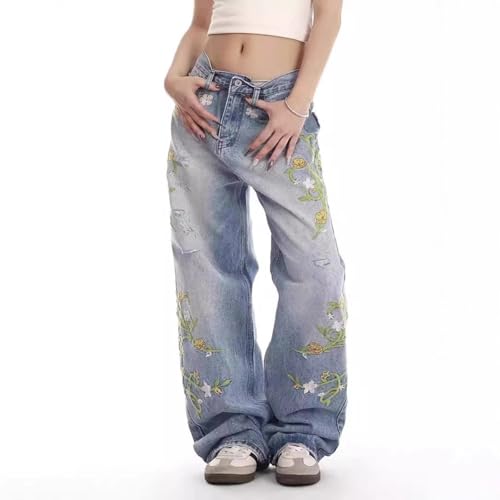 Unisex Floral Embroidery Wide Leg Jeans American Street Style Straight Pants for Summer2