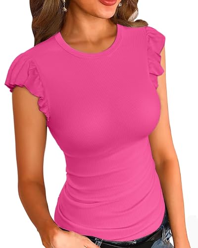 Image of VICHYIE Summer Women Ruffle Cap Sleeve Pretty Fitted Shirt | Ribbed Knit, Basic, Casual, Fashion Blouse, Solid Color