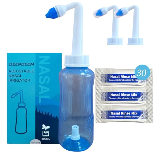 Deepdeem Neti Pot Sinus Rinse, Bouteille ergonomique sans BPA 300 ml avec 2 buses de lavage nasal spécialisées avec différentes pressions pour adultes et enfants avec 30 sachets de sel de lavage nasal