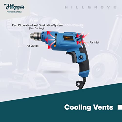 Image of Hillgrove HGCM1089M2 All Purpose 500W Drill Machine with 5Pcs HSS Drill Bits for Making Holes in Metal /Wood /Concrete with Reverse Rotaion and Variable Speed Pistol Grip Drill (10 mm Chuck Size)