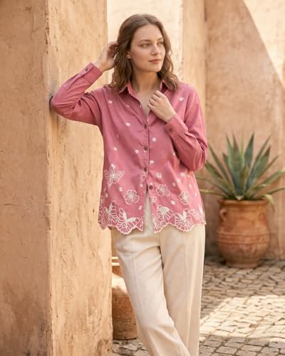 Image of Women's Cotton Embroidered Shirt Pink | Floral Embroidery Casual Shirt for Women | Button Down Full Sleeve Stylish Top