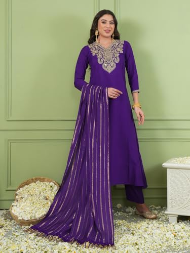 Image of Naixa Women's Viscose Silk Embroidered A-Line Kurta with Pant | Viscose Jacquard Stripes Dupatta Set | 3 /4 Sleeve | V-Neck | Festive