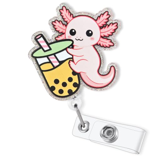 Cute Axolotl with Boba Tea Badge Reel Retractable, Funny Animal Badge Reel for Nurse Nursing RN CNA LPN ER Doctor & Healthcare Worker, Pediatric Nurse Gift, Axolotl Lover Acrylic Badge Holder for Work