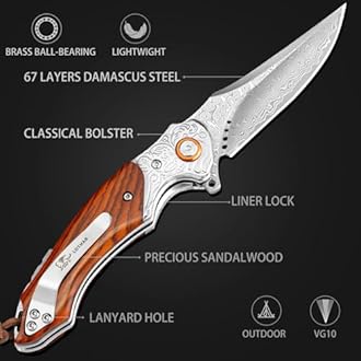 LOTHAR Damascus Pocket Knife for Men, 7.78" VG10 Folding Knife with Retro Leather Sheath and Classical Bolster, EDC Knife Anniversaries, Christmas, Stocking Stuffers for Dad, Elegant Gifts for Men (Red)