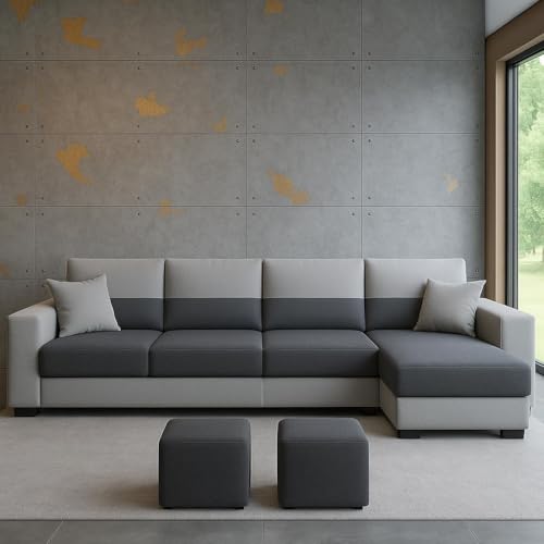Image of Premium Velora 5 to 6 Seater Fabric RHS with 2 Ottoman L Shape Sofa Set for Living Room | with Velvet Fabric | 3-Year Warranty in Dark Grey & Light Grey Color