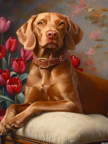 Kit peinture diamant 5D chien Vizsla fleurs 40x30 cm pour débutant