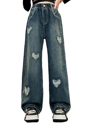 Girls Kids Heart Ripped Baggy Jeans Elastic High Waist Wide-Leg Denim Pants Casual Trousers 5-16 Years2