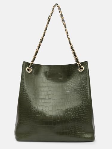 Image of Bagsy Malone Bucket Shaped Tote Bag -Set of 2 | Handcrafted Side Tote Bag for Office and College (Croco Olive)