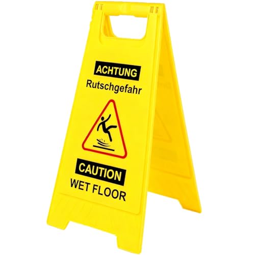 Luimode Achtung Rutschgefahr Aufsteller Caution Wet Floor klappbar Warnschild vor Glätte beidseitig beschriftet Deutsch Englisch Zweisprachig Hinweisschild gelb