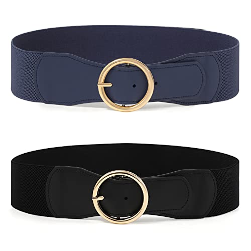 Kajeer 2 Pack Women Stretchy Waist Belt, Vintage 2.4 inch Chunky Buckle Belts for Ladies Dress