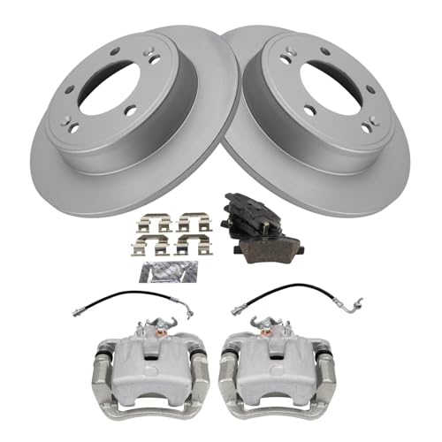 Image of TRQ Rear Brake Pad and Rotor Set Ceramic G Coated Rotors Calipers Hoses Compatible with 2017-2018 Kia Soul