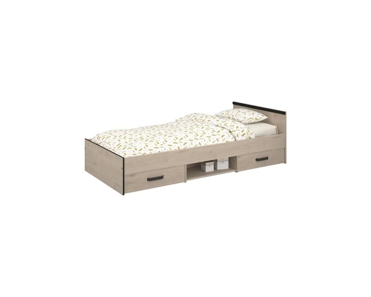 Chambre complete enfant 3 pieces ZODIAC - Lit + chevet + bureau - Décor chene/noir - PARISOT
