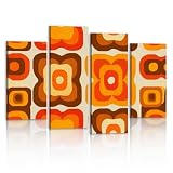 4 Panel Canvas Wall Art Painting 70s Retro Seamless Orange Brown Yellow Beige 60s 70s Retro style Modern Print Stretched Framed Artwork Poster for Living Room Bedroom Office Wall Decor 48x32 in