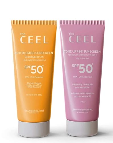 The Ceel SPF 50+ Güneş Kremi Seti - Leke Görünümü Karşıtı Güneş Kremi 50 ml ve Ton Eşitleyici Pembe Güneş Kremi 50 ml, UVA UVB Koruyucu Günlük Yüz Bakım Seti