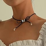 YienDoo Black Leather Bow-knot Pearl Choker Necklace Soft Velvet Butterfly Choker Suede Tie Cravat G