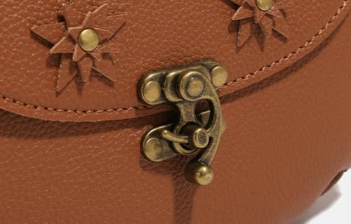 PU Leather Vintage Saddle Bag 3D Flower Embroidery Antique Brass Lock Stitch - Trim Crossbody Phone Purse3