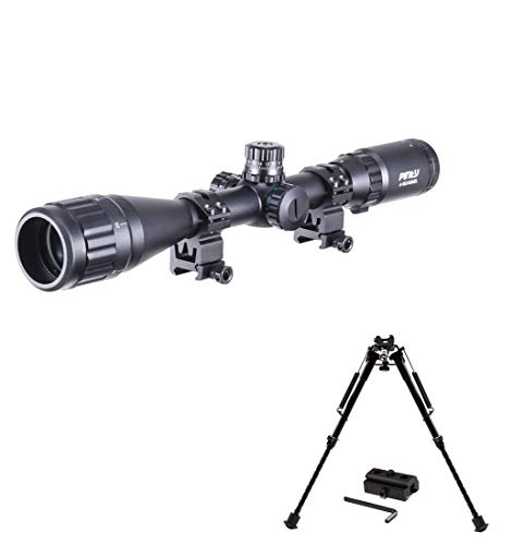 Pinty 4-16X40 Rifle Scope AO Red Green Blue Illuminated Mil Dot with Flip-Open Covers & Rifle Tactical Bipod Adjustable 9-13 Inch w/Spring Return Adapter Picatinny