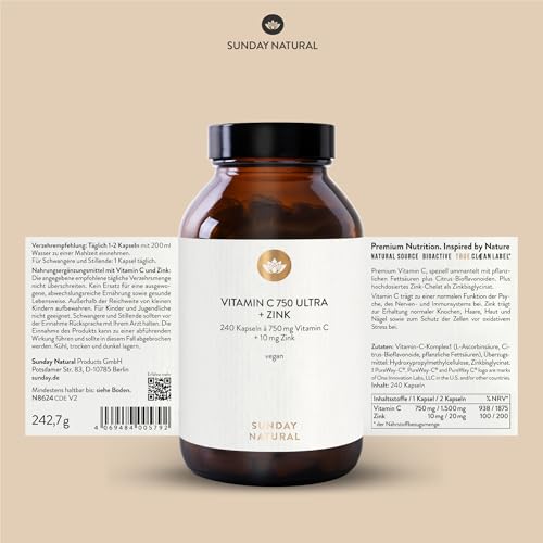 SUNDAY NATURAL® Vitamin C Zink – 1500 mg Vitamin C und Zink 20 mg pro Tagesdosis – exklusiver PureWay® Komplex aus den USA – schnelle Absorption, mit Bioflavonoiden – vegan – 240 Kapseln