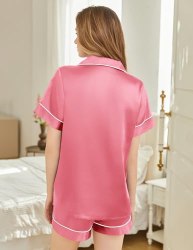 Image of Silk Pajamas for Women Short Sleeve Sleepwear Soft Button Down Loungewear 2 Piece Satin Pjs Shorts Set S-XXL