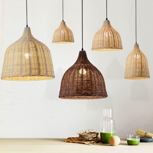 Lámpara de techo de mimbre rústica H3TF5J y lámpara colgante boho de 26cm 2