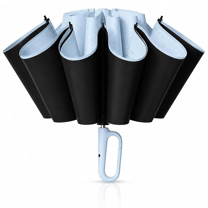 Image of UV Reversible Umbrella with Novelty Carabiner Handle, Travel-Friendly Umbrellas for Sun & Rain Protection, Windproof Compact, Automatic Open /Close, 8 Dual Ribs, Portable Umbrella for Men and Women
