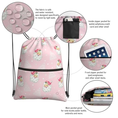Image of Christmas Tree Santa Claus Drawstring Bag, Waterproof Snowflake Drawstring Bckpack for Gym Sports Xmas Party Gift, Women Durable Pink Sackpack Bag with Front Zipper Pocket and Inside Zipper Pocket