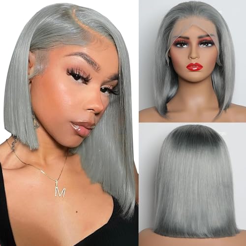 CYSDRH Grey Bob Wig Human Hair 13x4 HD Lace Frontal Glueless Wigs for Women Pre Plucked Invisible Knots 100% Unprocessed Brazilian Virgin Grey Human Hair Wigs - 180% Density 10 Inch Gray Bob Wig