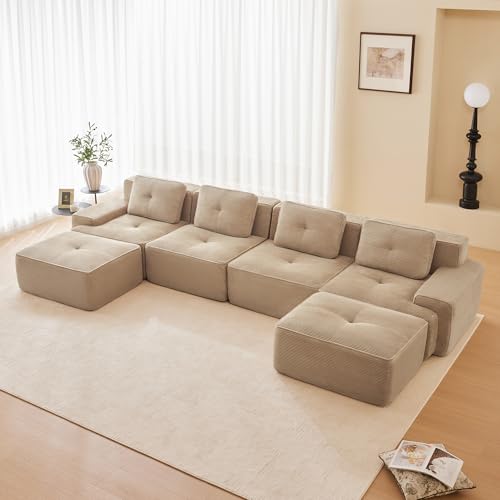 Sapgaks Canapé modulable désossé (Options en U,en L,2 à 4 Places),canapé d'angle Convertible en Velours côtelé,74cm Assise Profonde,Mousse 32D Haute...