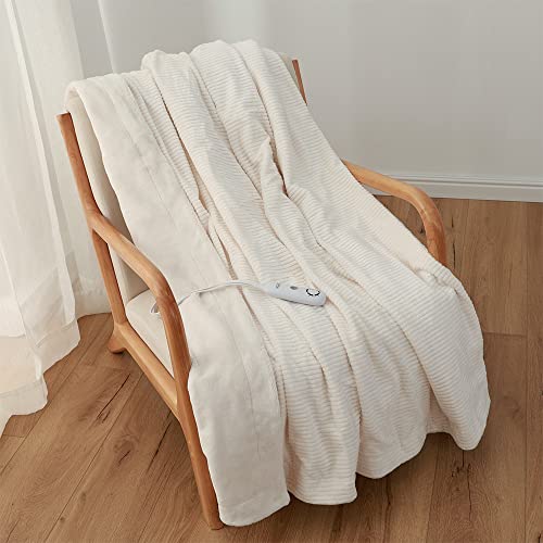 Berkshire Blanket Corduroy Stripe Electric Heated Throw | Dobby Textured Instant Warmth Electric Throw | Cream | 50" X 60" #TOP4