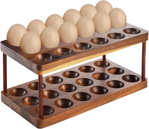 YOUEON Acacia Wooden Egg Holder with Double Layers, Detachable Wooden Egg Tray Holds 36 Fresh Eggs, Countertop Storage Rack for Gathering Fresh & Easter Eggs, Rustic Decor