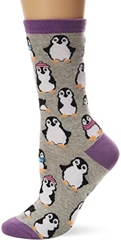 K. Bell Socks Women's Animal Fun & Cute Novelty Crew Socks, Chilly Penguins (Gray), Shoe Size: 4-10