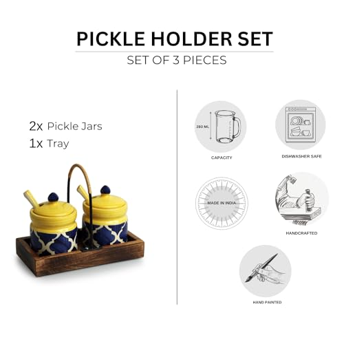 Image of ExclusiveLane 'Moroccan' Ceramic Pickle Jars For Dining Table With Spoon & Wooden Tray (Set of 2,280 ML) |Ceramic Jars For Kitchen Storage Pickle Holder Pickle Jars For Storage,Multicolor