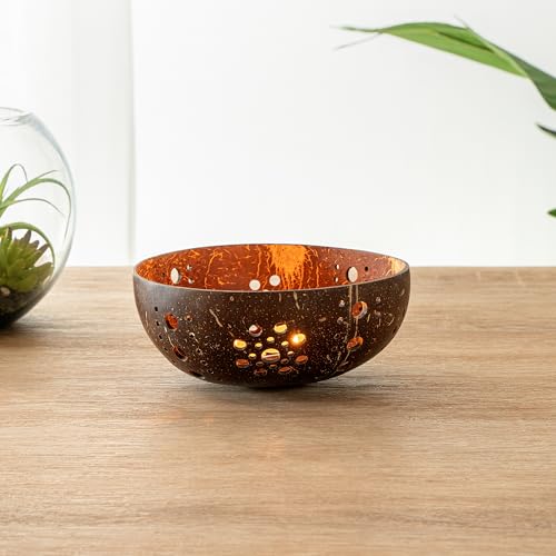 Restaurantware-Coco Casa 5.1 x 2 Inch Coconut Shell Candle Holders, 10 Reusable Tealight Holders - Candle Not Included, Sun Pattern, Brown Coconut Bowls For Candles, Handcrafted by Restaurantware - Image 3