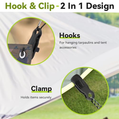 30 Stück Tarp Clips Set, Planenspanner Planenbefestigung mit 10 Zelt Bungees Schnüre und 10 Karabiner Clips, Haiförmige Planenclips, Tarp Clip Clamp für Zelte, Vordächer, Wohnmobil – Bild 5