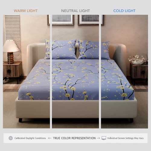 Image of BLISSHOME SoftTouch 140TC Cotton King Size Fitted Bedsheet with 2 Pillow Covers, Silky Smooth Bedding Set, Breathable, Easy Maintain, Floral Print - Lavender, Yellow (182cm x 198cm x 25cm Drop)