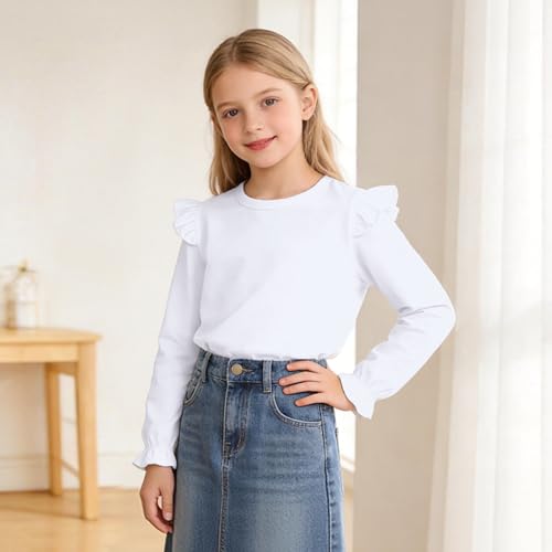 Image of LYSMuch 7-14Y Girls Ruffle Long Sleeve Shirt Kids Crewneck Basic Blouse Casual Tee