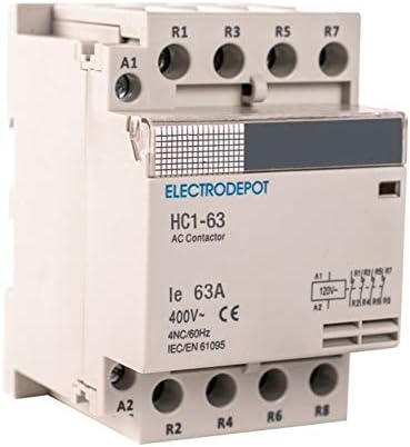 Electrodepot 50 Amp 4 Pole Normally Closed IEC 400V Contactor (Silent Operation) – 110-120VAC Coil, Inductive 30A, Resistive 50A with Mounting Base for DIN Rail