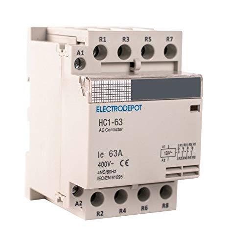 Electrodepot 60 Amp 4 Pole Normally Closed IEC 400V Contactor (Silent Operation) – 110-120VAC Coil, Inductive 30A, Resistive 60A with Mounting Base for DIN Rail