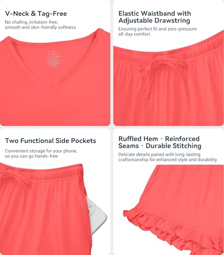 Image of WiWi Womens Pajamas Set Bamboo Viscose Super Soft Short Sleeve Top Ruffle Shorts Sleepwear Cooling Pj Sets S-XXL