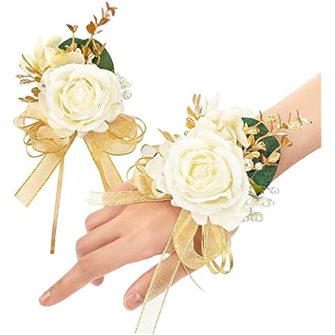 Ivory Rose Wrist Corsage Wristlet Band Bracelet and Boutonniere Set for Men Women Bride Bridesmaid Wedding Prom Flowers Accessories (A-Boutonniere & Wrist Corsage) Cover
