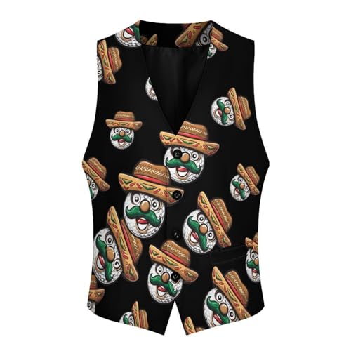 Funny Golf Ball Mustache Mexican Men's Suit Vest Waistcoat Vests Formal Dress with 2 Pockets for Business Casual Tuxedo3