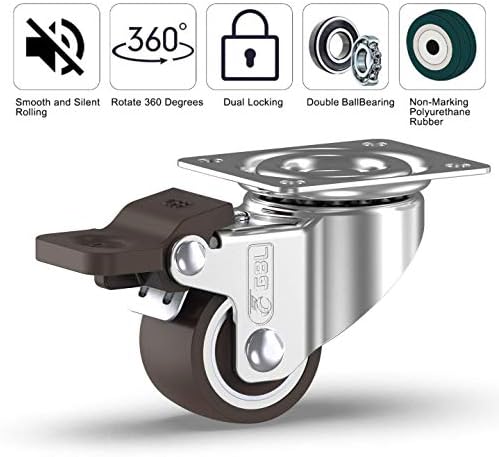 GBL Heavy Duty Castor Wheels with 2 Brakes + Screws - 25mm up to 40KG - Pack of 4 No Floor Marks Silent Caster for Furniture - Rubbered Trolley Wheels - Silver Castors