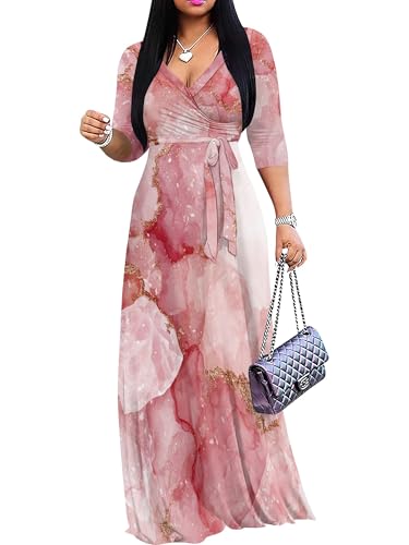 Image of Plus Size Dresses for Women Print Maxi Dresses 3 /4 Sleeve with Belt