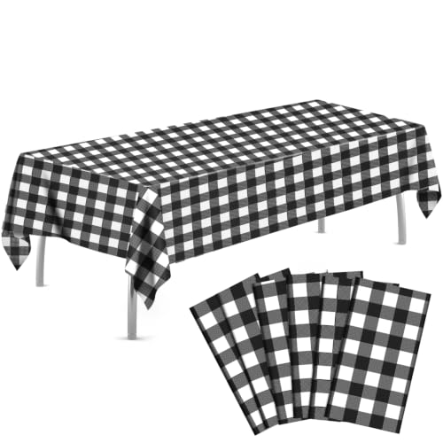 Image of tujol Black and White Checkered 6 Pack Plastic Table Cloth 54 inch x 108 inch | Disposable Tablecloths Plaid Rectangle Table Cover Plastic Tablecloths for Picnic,Parties,Birthday