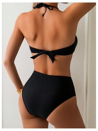 GORGLITTER Women's Ring Linked Tie Backless Halter Bikini Top Removable Strap Bandeau Swimsuits2
