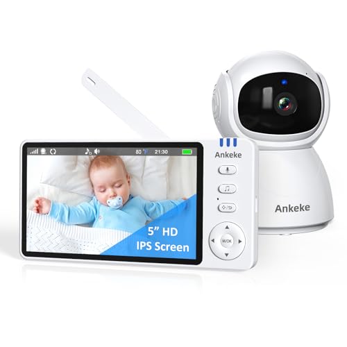 Image of AnKeKe Baby Monitor with Camera and Audio, No WiFi Baby Monitor with 5" 720P HD Screen, 100-Hour Battery, 1000ft Long Range, 2-Way Talk, Cry and Feeding Reminder, Night Vision and 355°PTZ