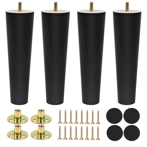 Luabue 4 Piezas 20cm Conicas Patas de Madera para Muebles de Mesa, Sofa, Reemplazo con Placa de Montaje Tornillos y Protector Antideslizante, Negro