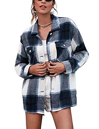 Uaneo Womens Casual Plaid Wool Blend Button Down Long Sleeve Shirt Jacket Shackets (Blue, XL)